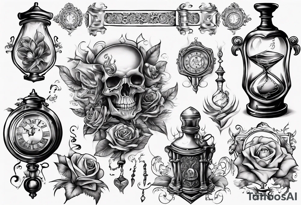lots of filagree on the chest going onto the shoulder. include an hour glass tattoo idea