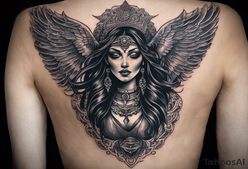 black kali, goddess pirate, alien, angel, pachamama, valkrye, warrior, flying, skull, lotus azul, wing, eagle, zenza resonance, stars, 5D, anahata chakra, death, durga, riding on a tiger, flying lady, kundalini, chest tatoo tattoo idea