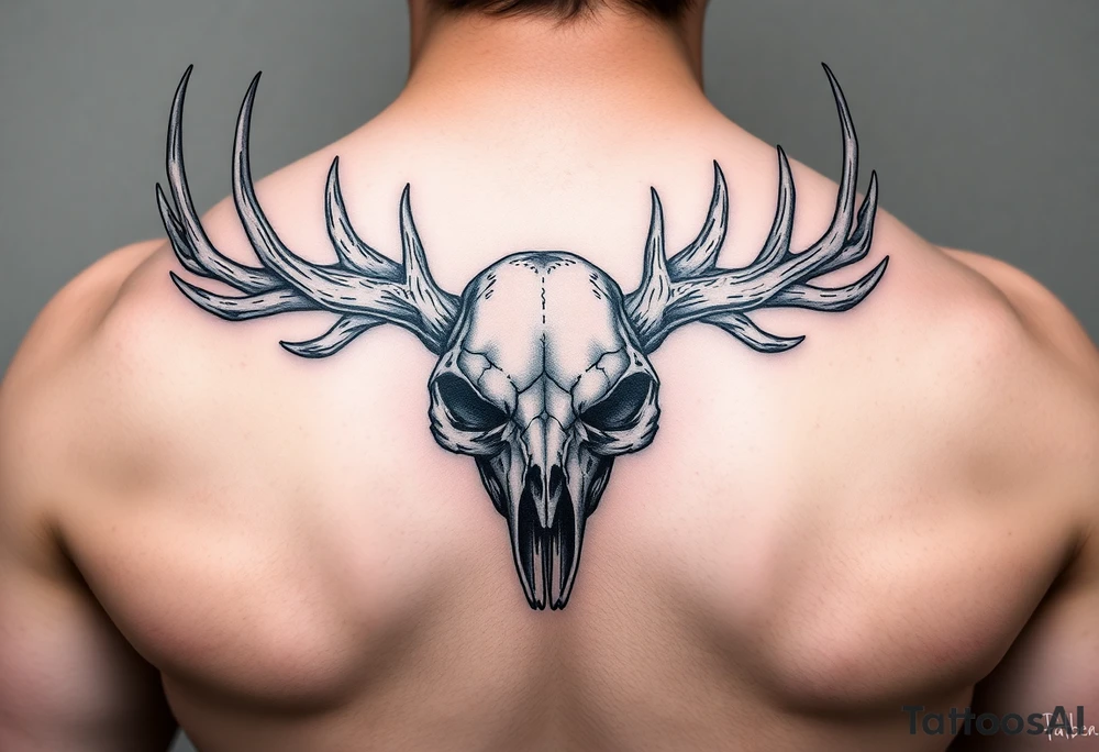 Gory skull with deer antlers tattoo idea