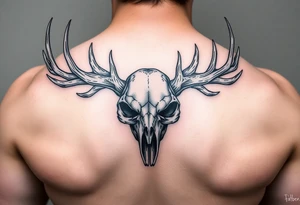 Gory skull with deer antlers tattoo idea
