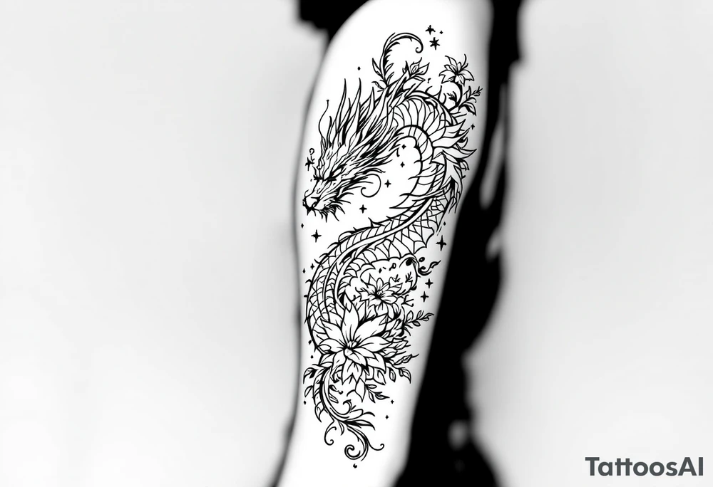 un dragon central entouré de fleurs de lys de style avec des ombrages dans un style assez fin tattoo idea