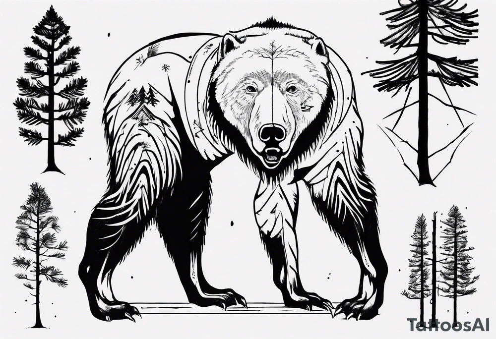 Standing bear fine line with armband.  Pine trees with script.  Add a eye with dot work lines coming out from the eye. tattoo idea
