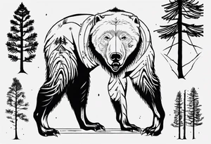 Standing bear fine line with armband.  Pine trees with script.  Add a eye with dot work lines coming out from the eye. tattoo idea