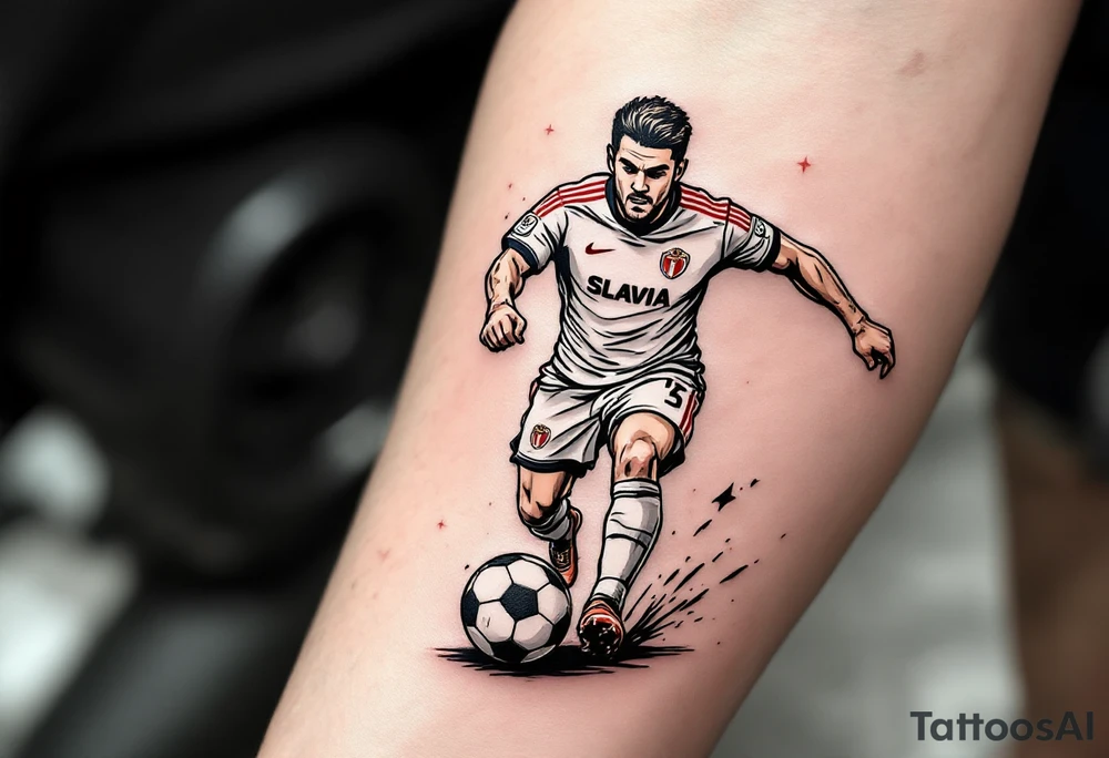 A tattoo of a soccer player mid-kick, wearing Slavia Praha’s white and red jersey, striking a ball with the club crest on it. tattoo idea