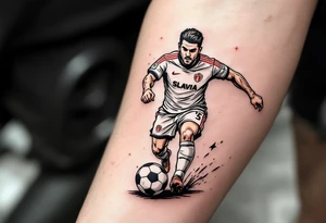 A tattoo of a soccer player mid-kick, wearing Slavia Praha’s white and red jersey, striking a ball with the club crest on it. tattoo idea