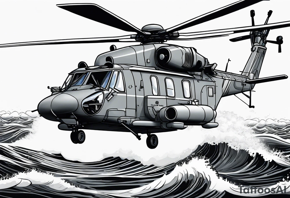 Canadian military grey CH-148 Cyclone helicopter soaring low over rough, ocean waves. A poppy flower be prominently displayed tattoo idea