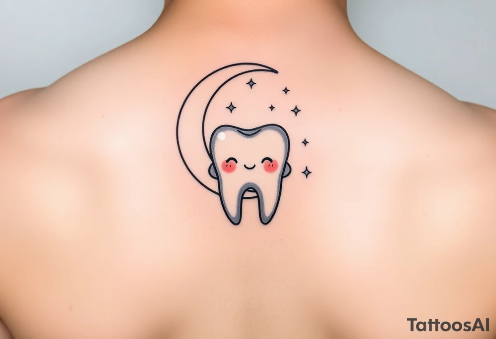 “A cute cartoon-style molar tooth sitting and gently hanging from a crescent moon, surrounded by small sparkling stars. The tooth has a sweet, happy expression (like blushing cheeks and a tiny smile), and the design is minimalistic, clean, and suitable for a small tattoo. Soft pastel colors with smooth shading, delicate outlines, and a dreamy, celestial vibe.” tattoo idea
