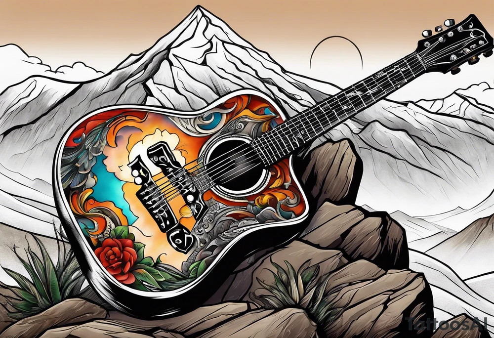 Cross with a guitar leaning on it on a mountain tattoo idea