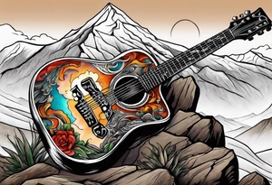 Cross with a guitar leaning on it on a mountain tattoo idea