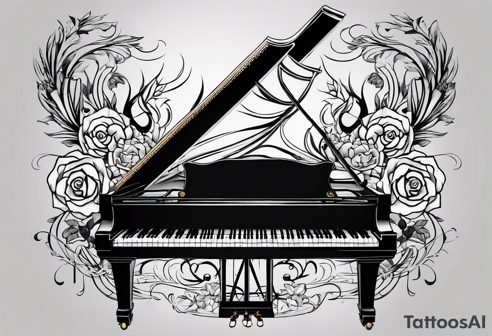 tattoo design for the back of arm. small. just the keys of a piano with drum sticks. realistic tattoo idea