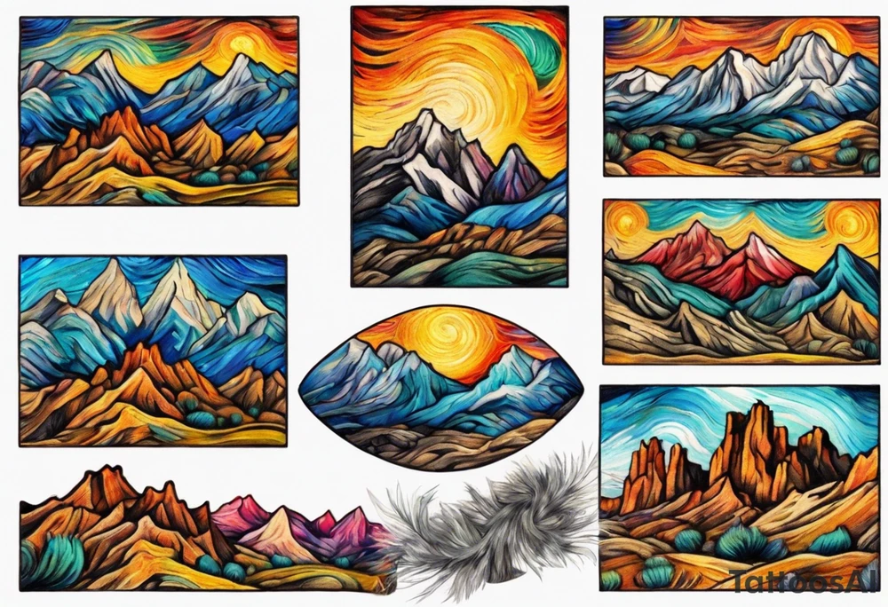 Small tattoo of New Mexico mountains, Van Gogh style, vibrant colors, swirling brushstrokes, detailed peaks, high quality, Van Gogh style, vibrant colors, swirling brushstrokes, detailed, professional, atmospheric lighting tattoo idea