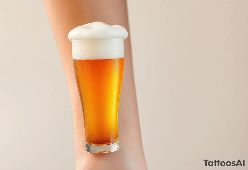 A tall, ice-cold pilsner glass with a thick white foam head, illuminated by warm amber and honey hues, creating a crisp and refreshing look tattoo idea