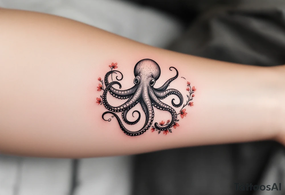 A small realistic black and grey tattoo of an octopus, cute, with detailed shading and soft linework, showing the octopus with swirling tentacles, on light skin. ornamental flowers around with red ink. The style is minimalistic and elegant, resembling fine-line tattoo with a shadow tattoo idea