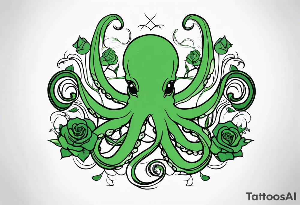 Electric octopus peaceful green roses tattoo idea