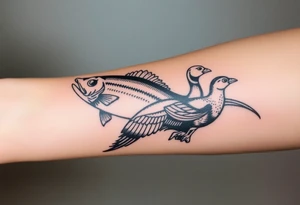 Hunting and fishing with bass, muskelunge, pheasant, duck tattoo idea