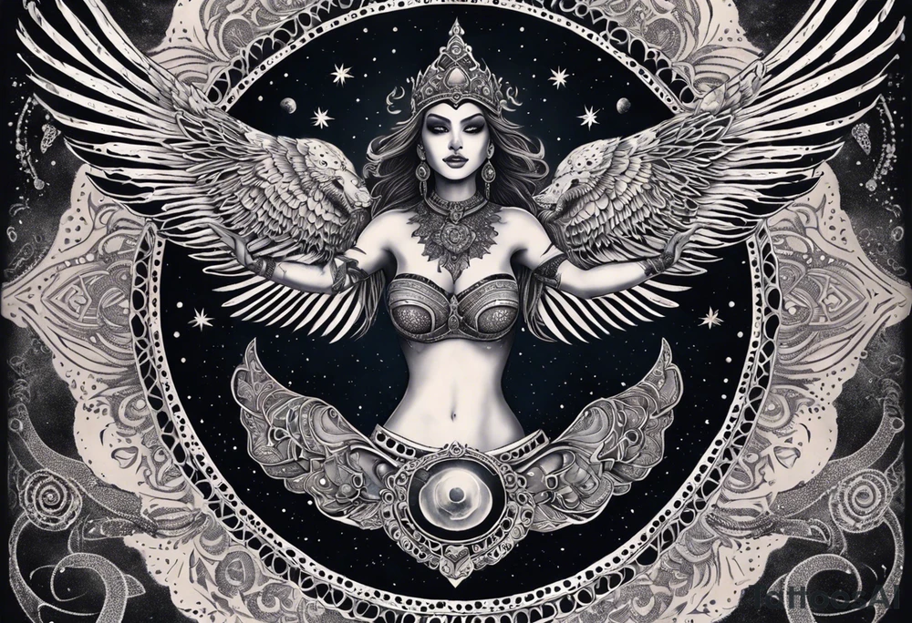 black kali, goddess pirate, alien, angel, pachamama, valkrye, warrior, flying, skull, lotus azul, wing, eagle, zenza resonance, stars, 5D, anahata chakra, death, durga, riding on a tiger, flying lady, chest tatoo tattoo idea