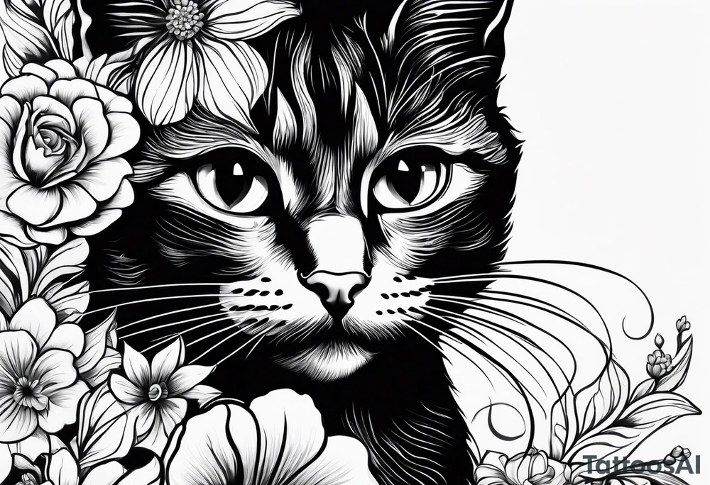 Photo realistic black cat head only facing forward add flowers around the cat tattoo idea