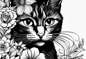 Photo realistic black cat head only facing forward add flowers around the cat tattoo idea