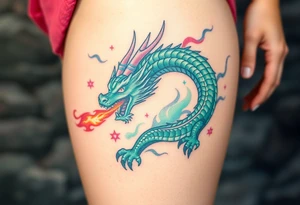 fierce dragon breathing iridescent fire against stormy skies green teal pink tattoo idea