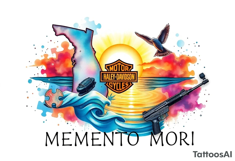 colorful futuristic memory tattoo for passed boyfriend; Florida, gulf coast water, Harley Davidson, skateboarding, puzzle pieces, video games, heaven, god, outdoors, guns, disc golf, words "MEMENTO MORI" tattoo idea