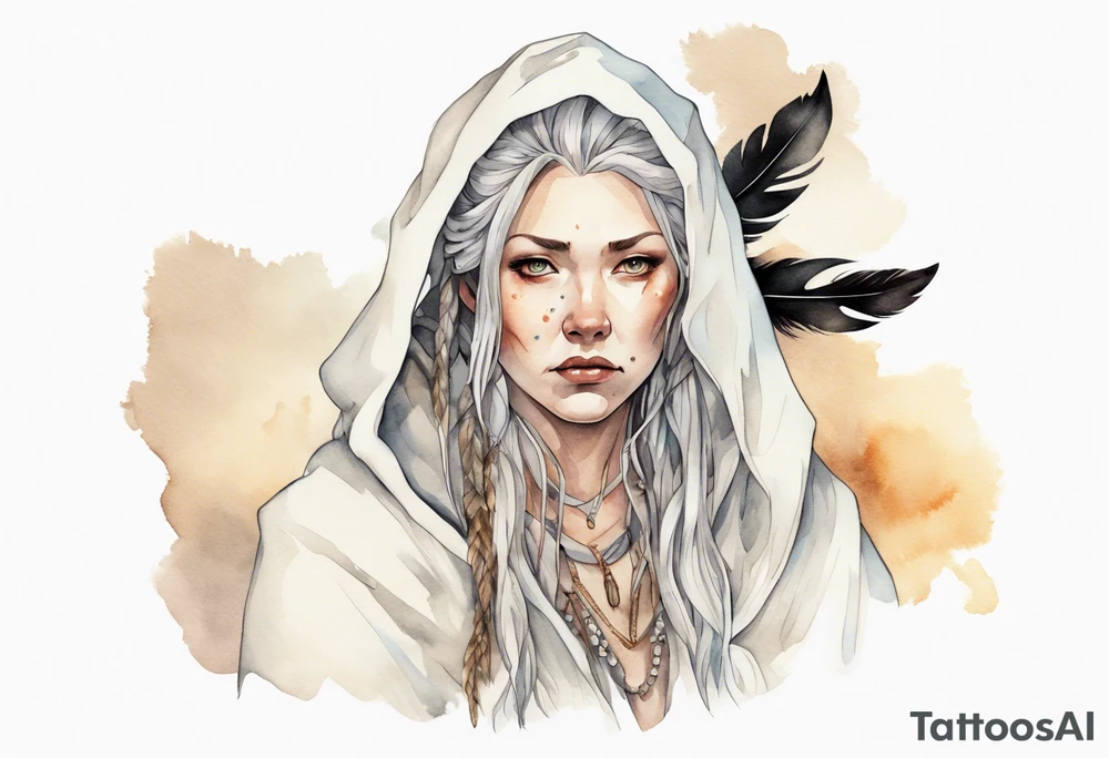 a solitary Norse woman with a white cloak and a single feather in her hair tattoo idea