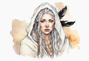 a solitary Norse woman with a white cloak and a single feather in her hair tattoo idea