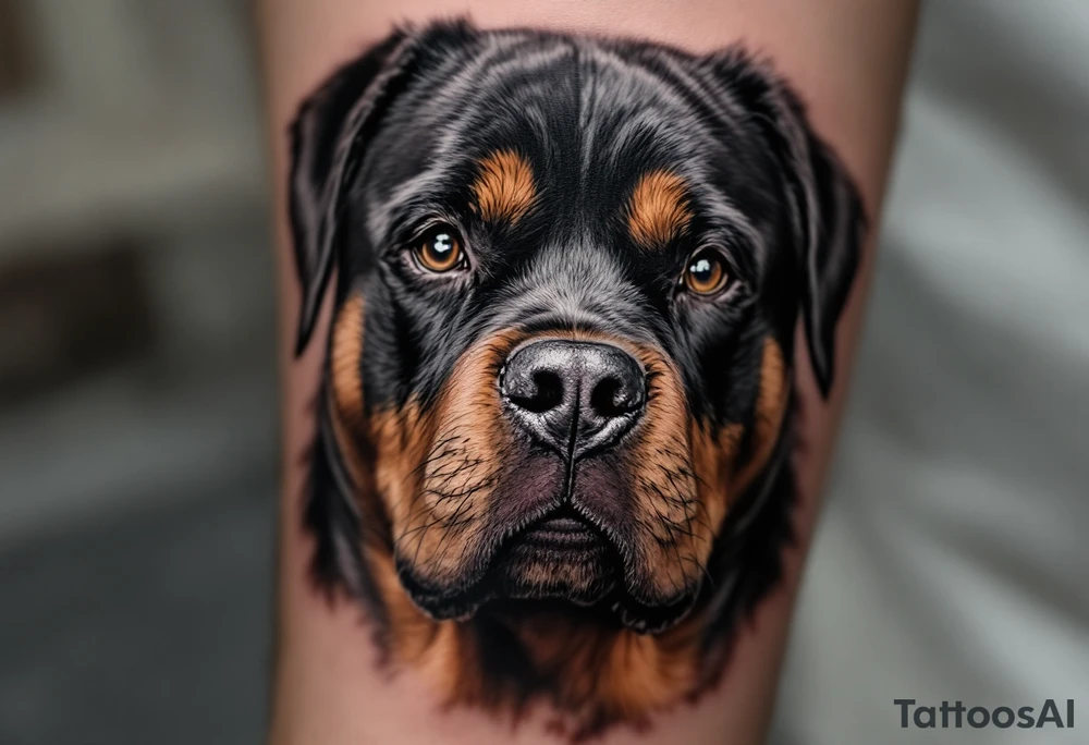 Realistic Rottweiler Portrait – A close-up of a Rottweiler’s face with expressive brown eyes, black fur, and rich mahogany markings. Focus on the soulful gaze and muscular jawline. tattoo idea