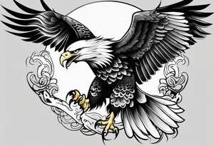 Japanese leg sleeve eagle with black swirl filler tattoo idea