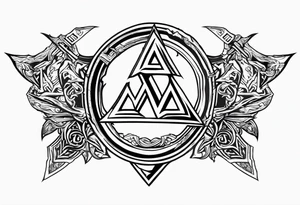 Valhalla fire sword shield axe Valknut ruins lightnings tattoo idea