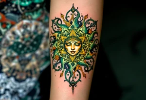 Intricately inked in forest green and burnt sienna, this Celtic sun glows with pagan warmth. tattoo idea