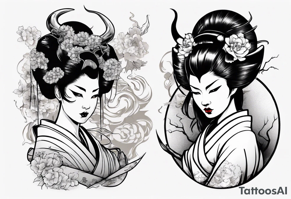 beautiful geisha with a shadow of a devil tattoo idea