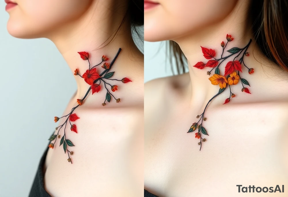 Two separate collarbone tattoos of long, stems and branches covered with red, orange, yellow and dark forest green leaves and flowers, fall themed, muted, delicate and gentle but moody, long and thin, following the collarbone. tattoo idea