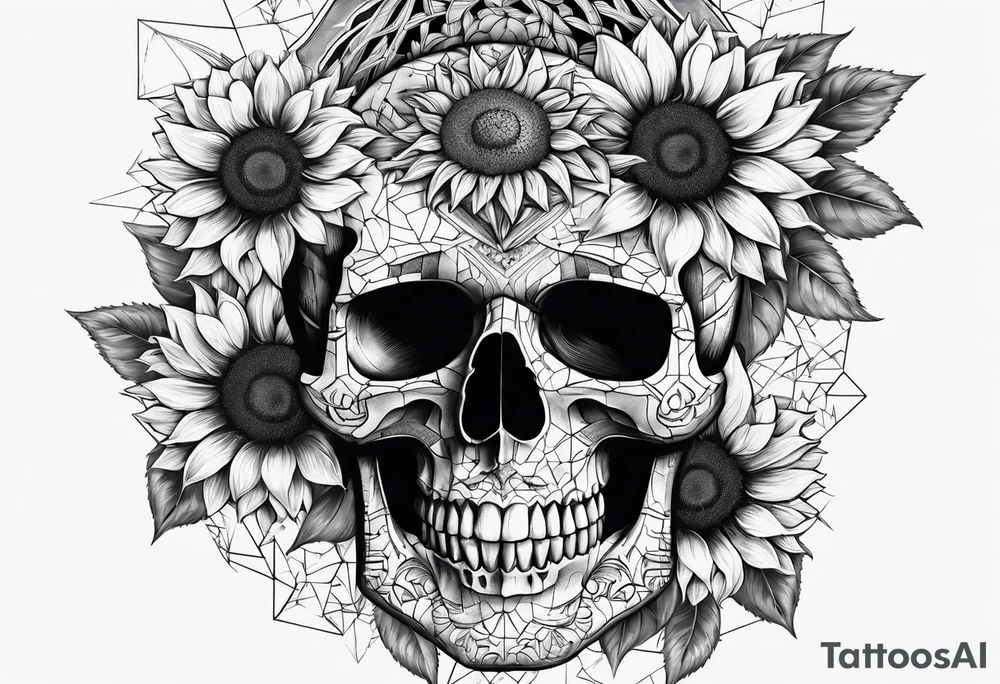 Sunflower, skull with puzzle pieces of real face tattoo idea