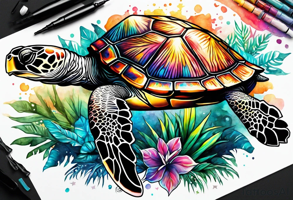 tropical psychedelic turtle, aerial view, from above, high perspective tattoo idea