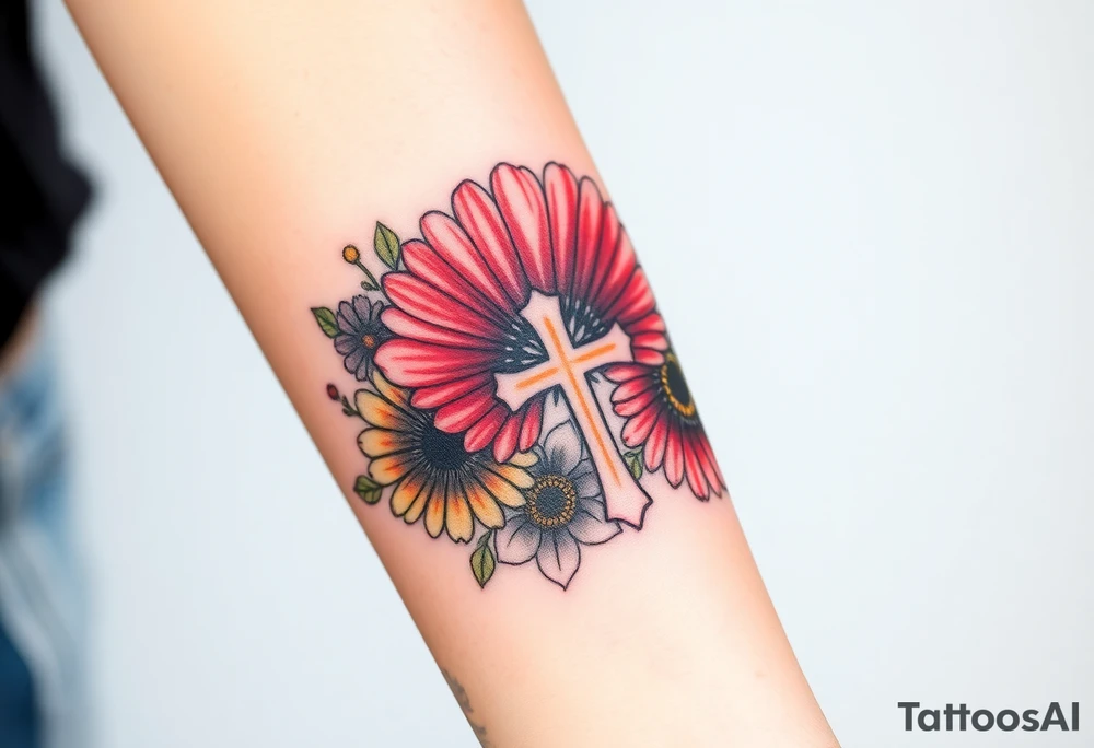 Gerber daisys wrap around wrist to cross on forearm with rich color add cross on forearm tattoo idea