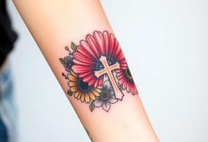 Gerber daisys wrap around wrist to cross on forearm with rich color add cross on forearm tattoo idea