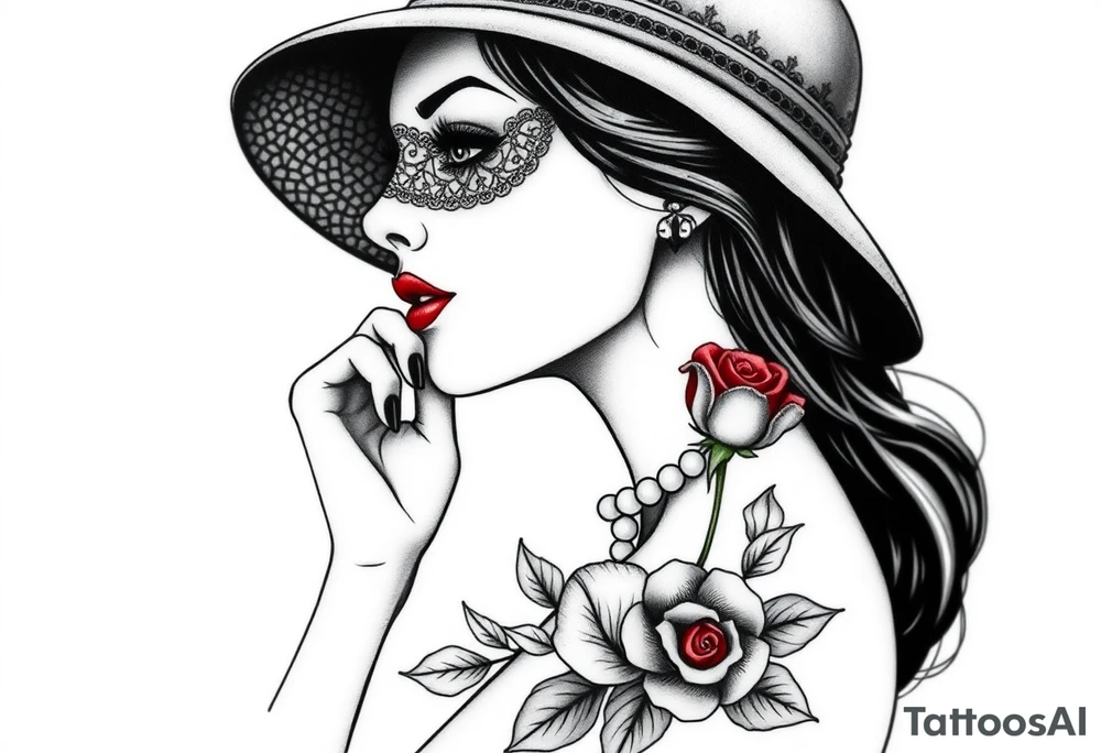 Black and white profile of woman with chin pressed on hand, hat with lace covering her eyes as she looks to the distance
, pearl necklace in her mouth with red lips flowers around her with one red rose standing out thigh tattoo tattoo idea