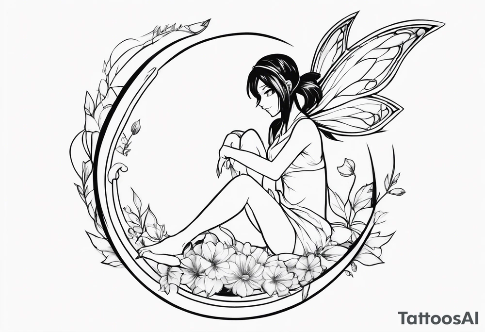 No color sketch of a fairy with a tail inspired by the guild symbol in the anime show called Fairy Tail in a fetal position leaning in and forward while crawled in tattoo idea