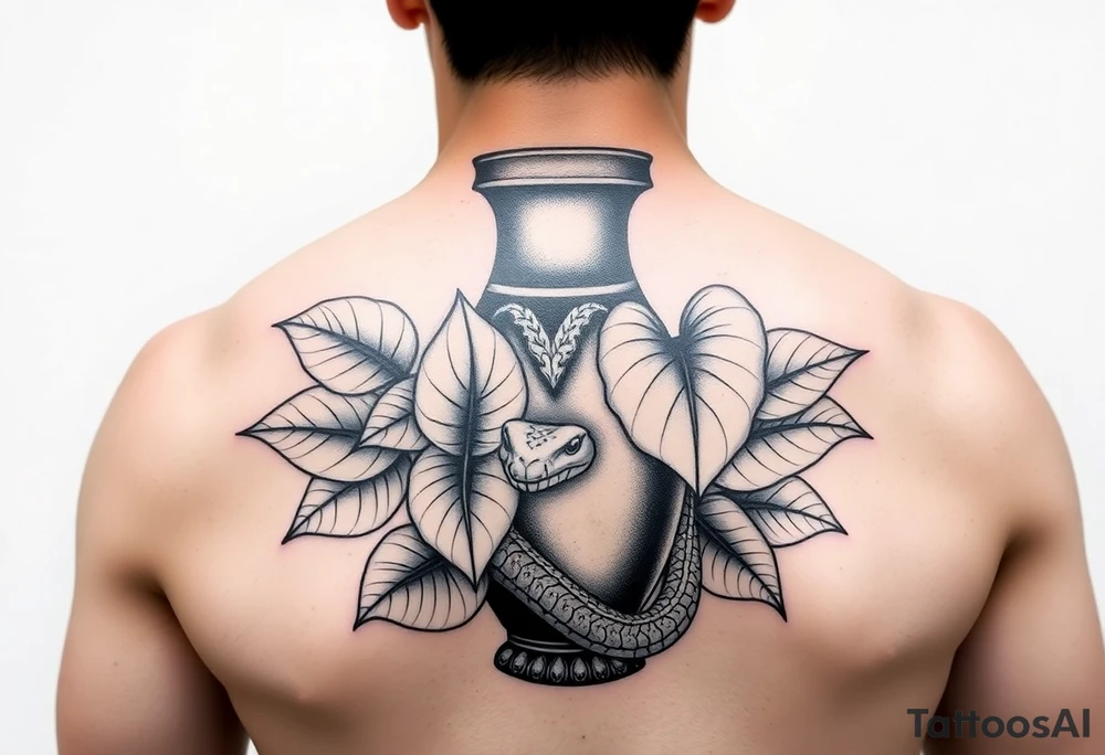 Large Decorative ornamental
 vase with large philodendron leaves with a snake wrapped around showing the head of the snake tattoo idea