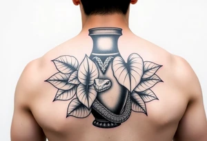 Large Decorative ornamental
 vase with large philodendron leaves with a snake wrapped around showing the head of the snake tattoo idea