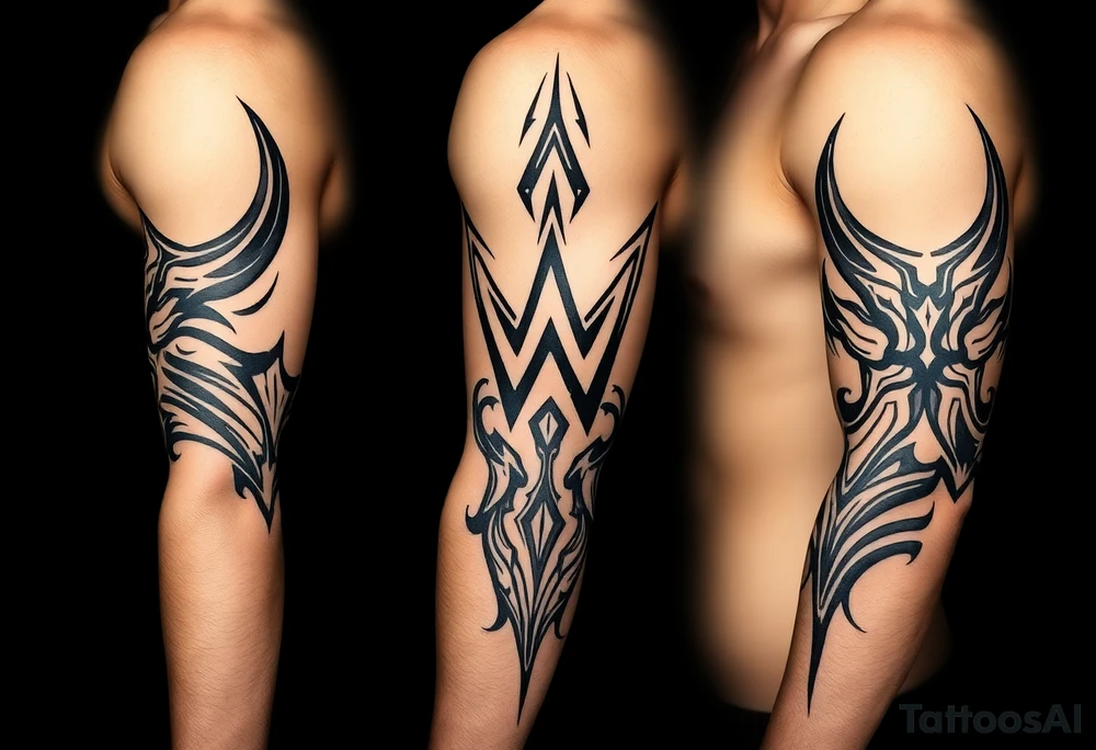 WWE The Fiend top center piece of sleeve with tribal design surrounding covering up old tattoo tattoo idea