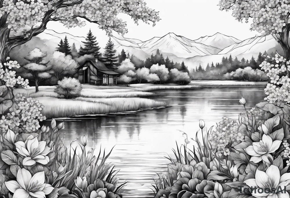 Secret, hidden garden, flowers, lake tattoo idea