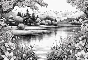 Secret, hidden garden, flowers, lake tattoo idea