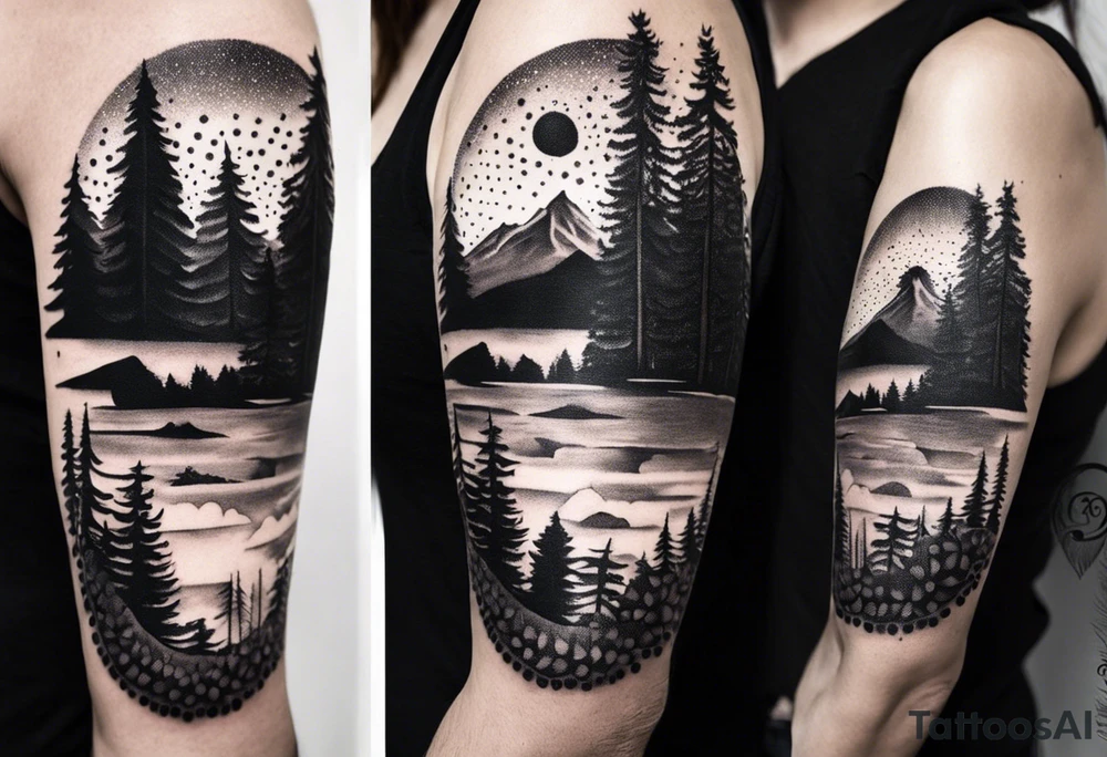 Mexican American inspired that incorporates being a father,  love for family and importance of building wealth. Include elements of the Pacific Northwest Forrest on shoulder tattoo idea