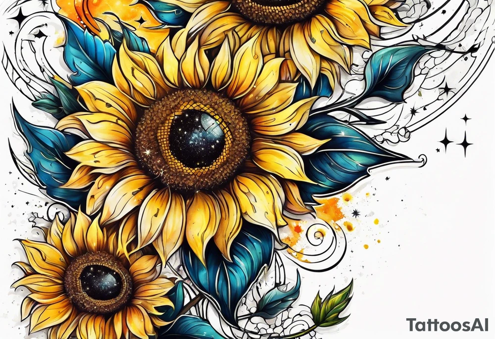 elegant tattoo with sunflower surrounded by cosmic stars and arrow tattoo idea