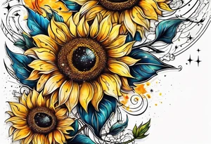 elegant tattoo with sunflower surrounded by cosmic stars and arrow tattoo idea