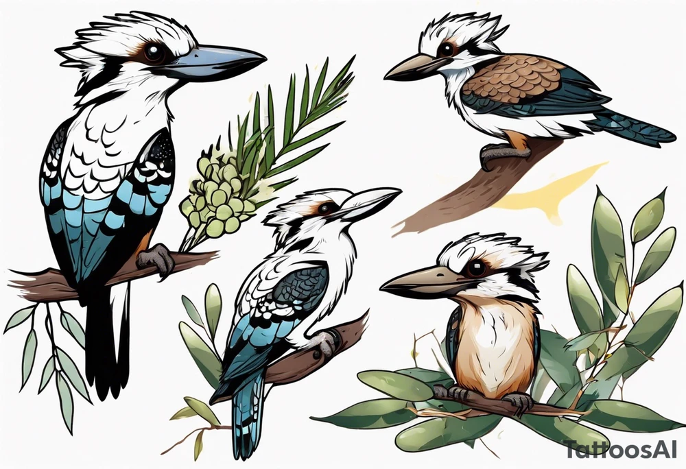 Cartoon kookaburra sitting on wattle and eucalyptus leaves tattoo idea