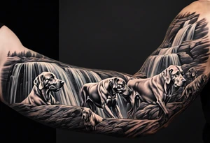 Full arm sleeve. Great Danes together exploring waterfall tattoo idea