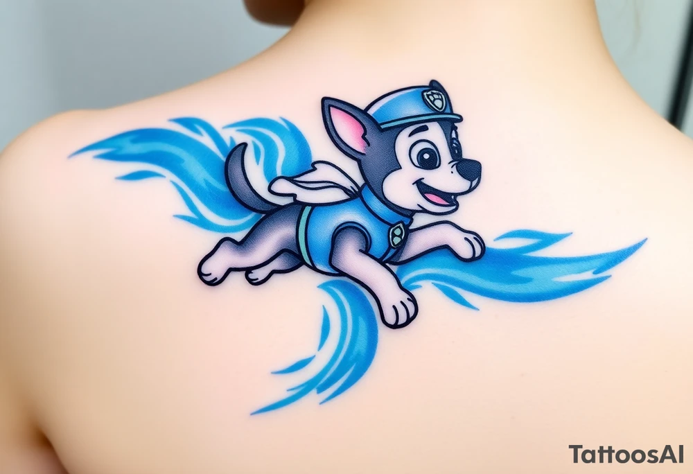 A dynamic silhouette of Paw Patrol member Chase in mid-leap, surrounded by blue energy lines, creating a sense of speed. tattoo idea