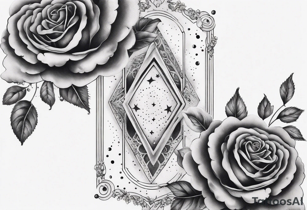 Vertical Clouds with tesseract inside and small roses and stars around it tattoo idea